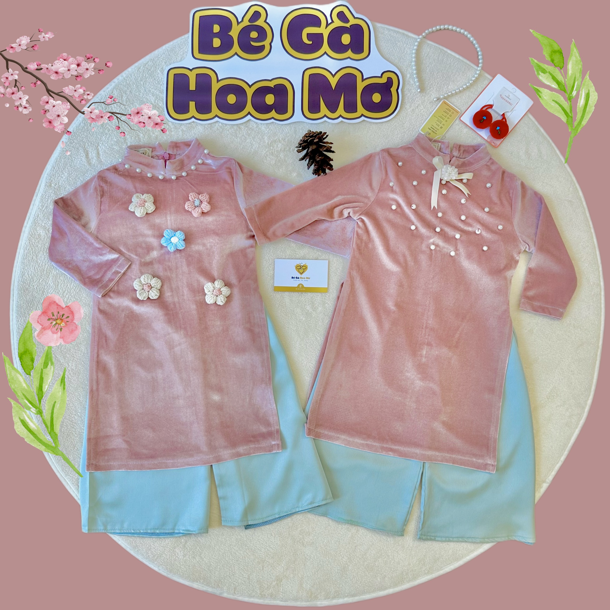 Set áo dài nhung hồng kèm xước ngọc