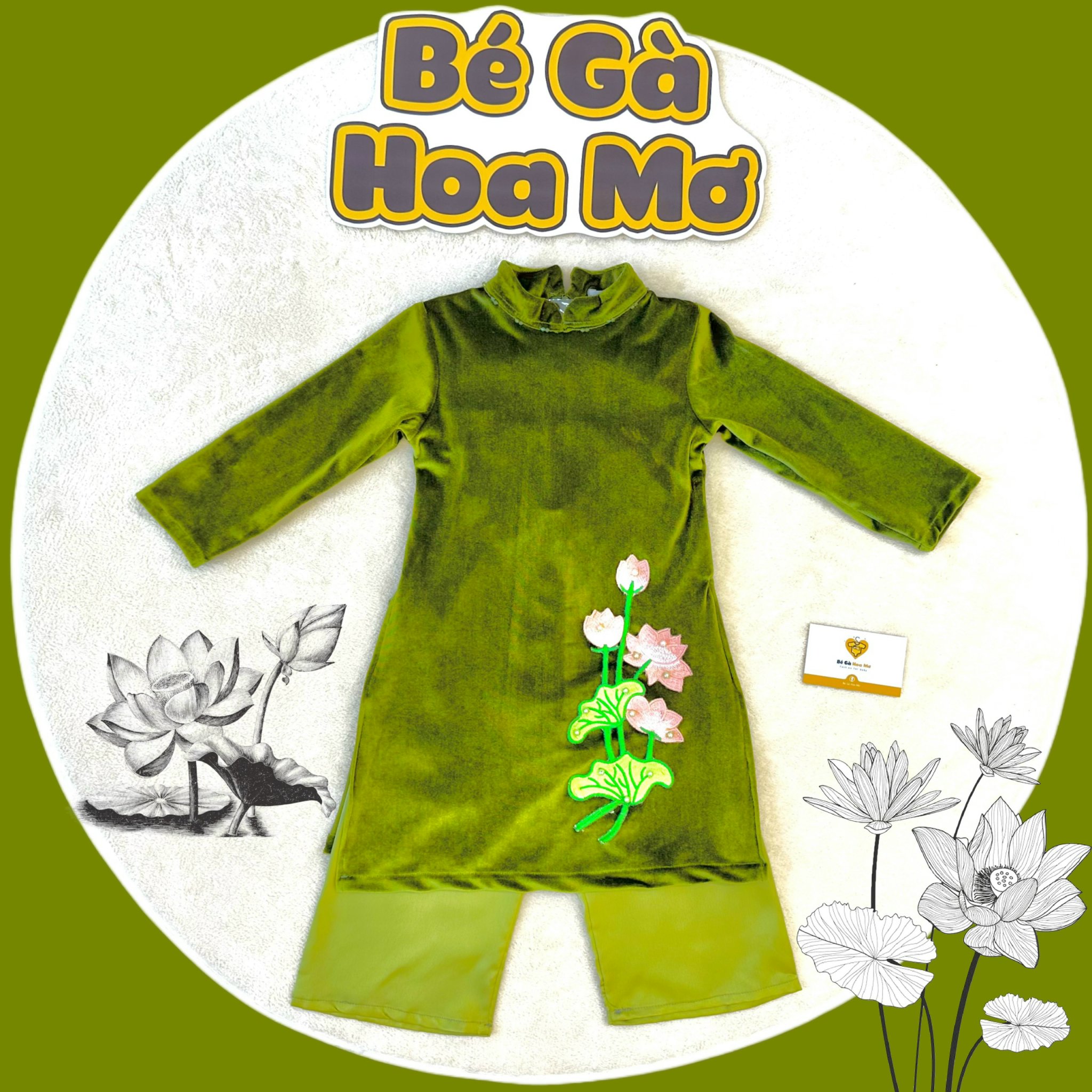 Áo dài nhung xanh thêu hoa sen