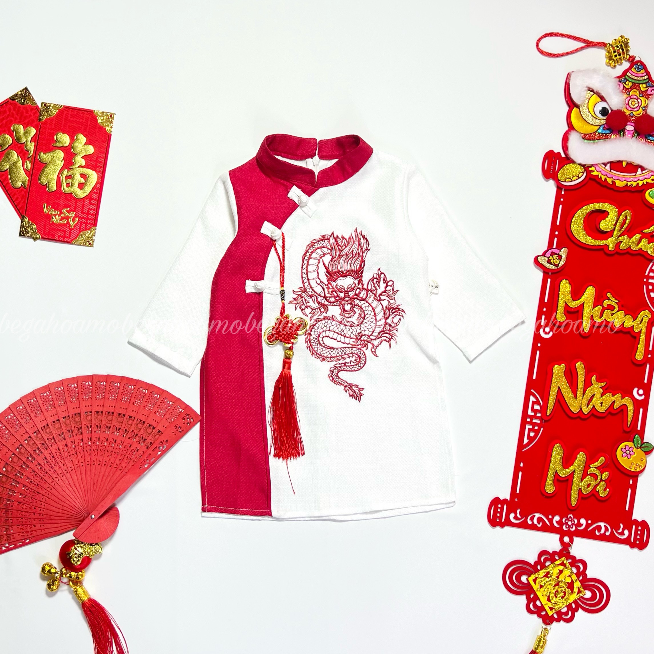  Áo dài nam thêu rồng trắng đỏ