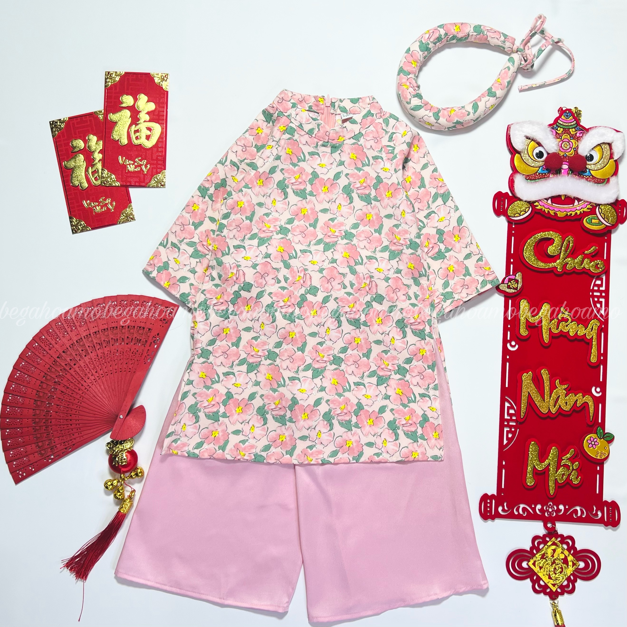 Áo dài hoa lan nhung tăm hồng kèm mấn