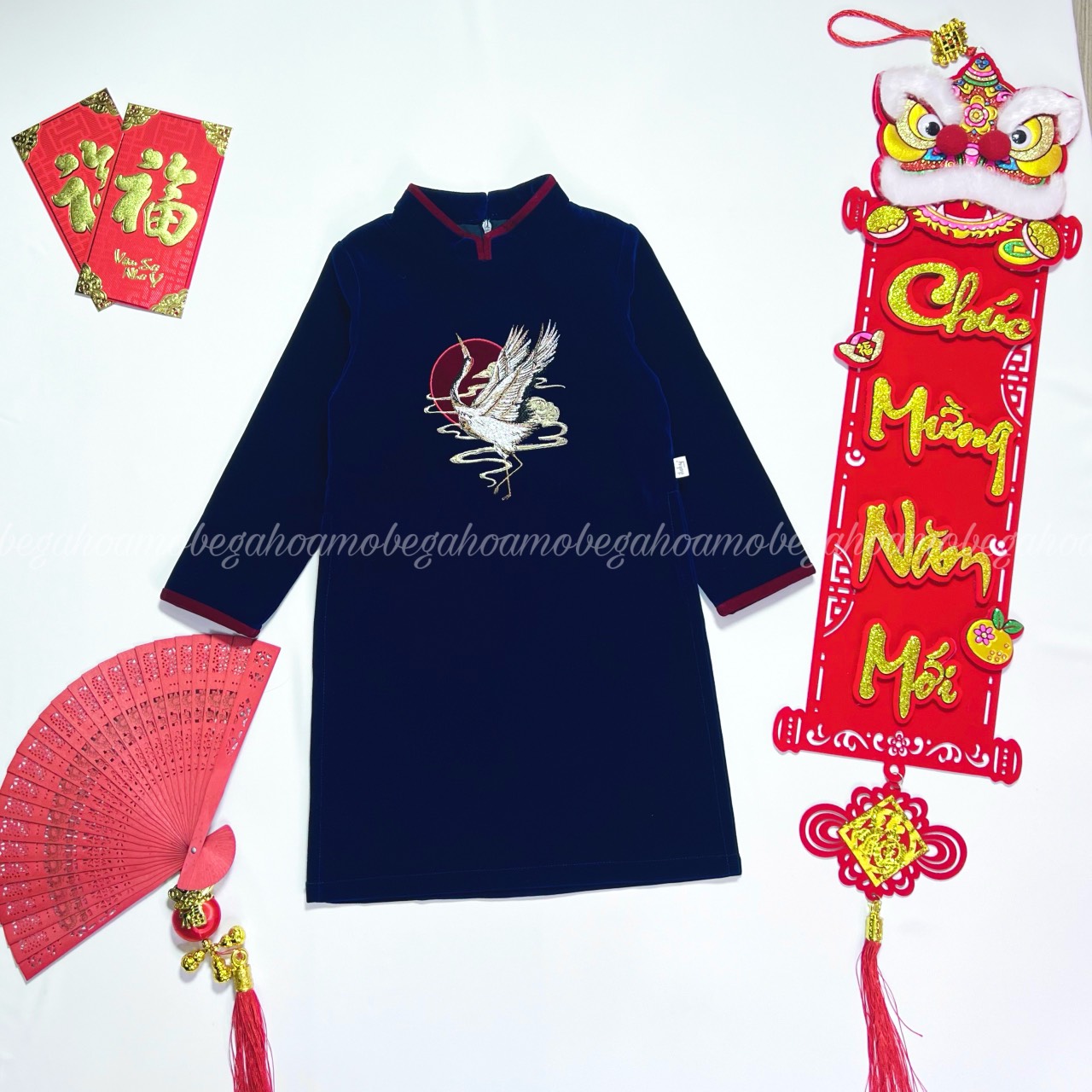 Áo dài nhung nam thêu nguyệt hạc xanh