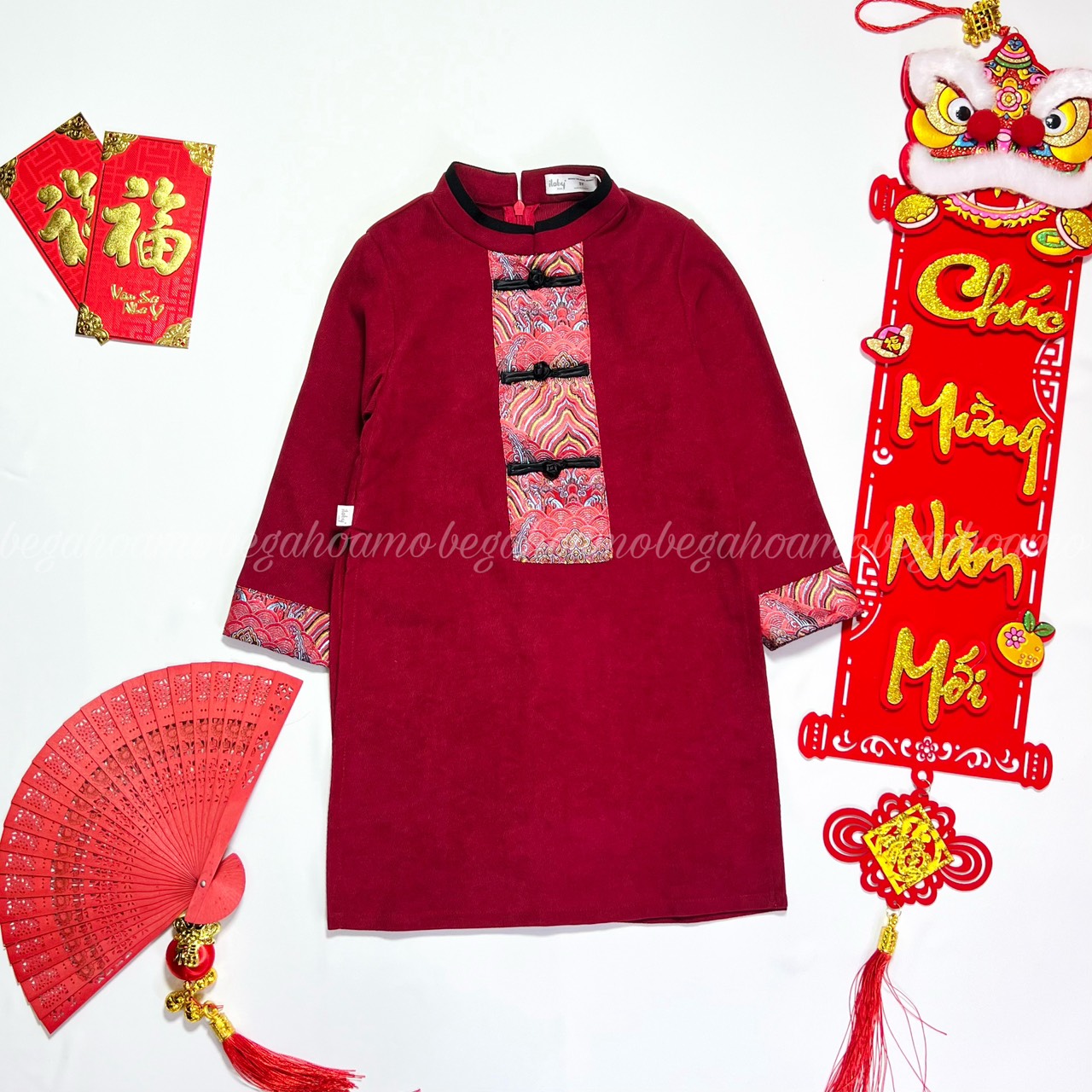 Áo dài nhung tăm phối gấm