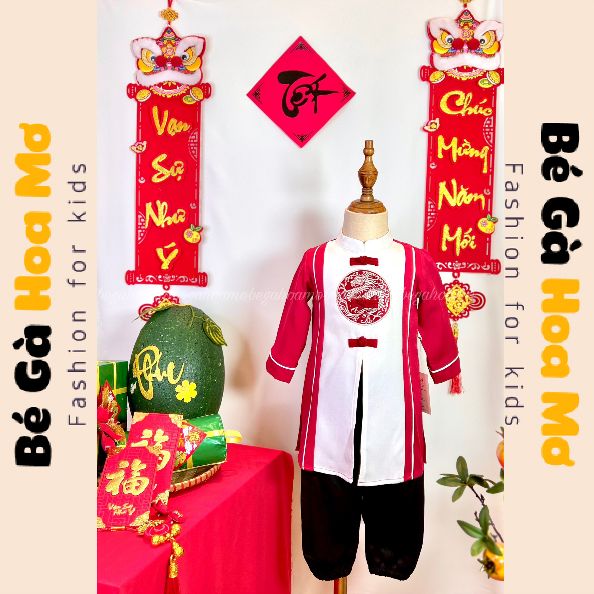Bộ áo dài nhung xẻ tà giữa thêu rồng đỏ