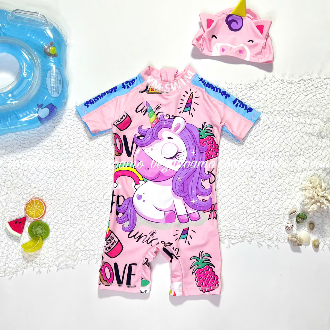 Body bơi pony hồng kèm mũ