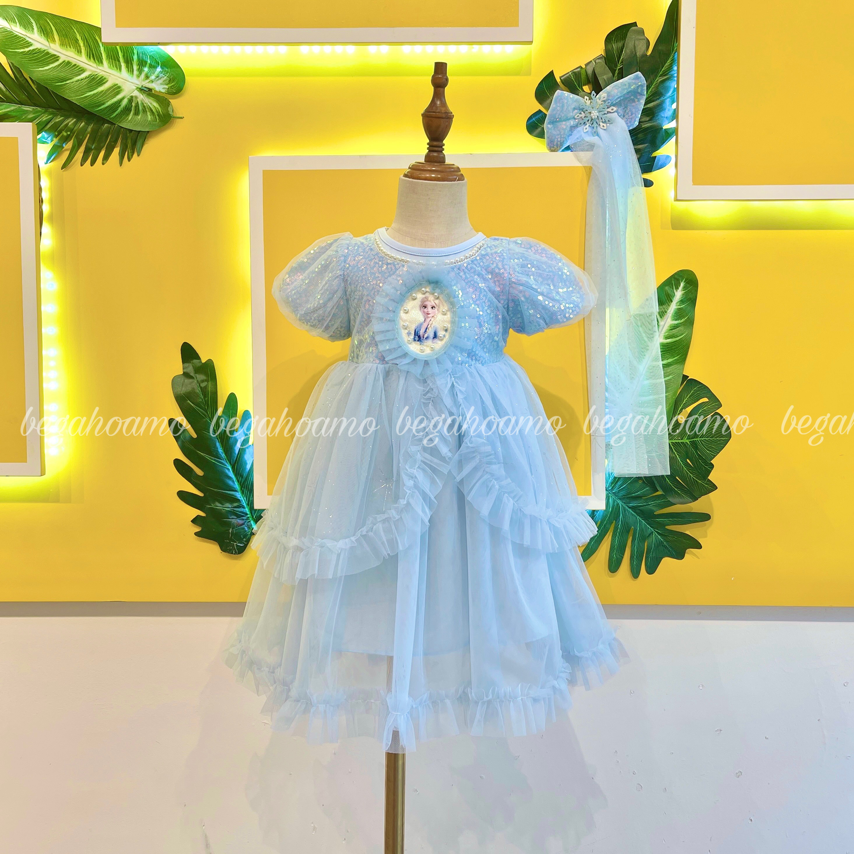Váy Elsa kèm kẹp voan tóc