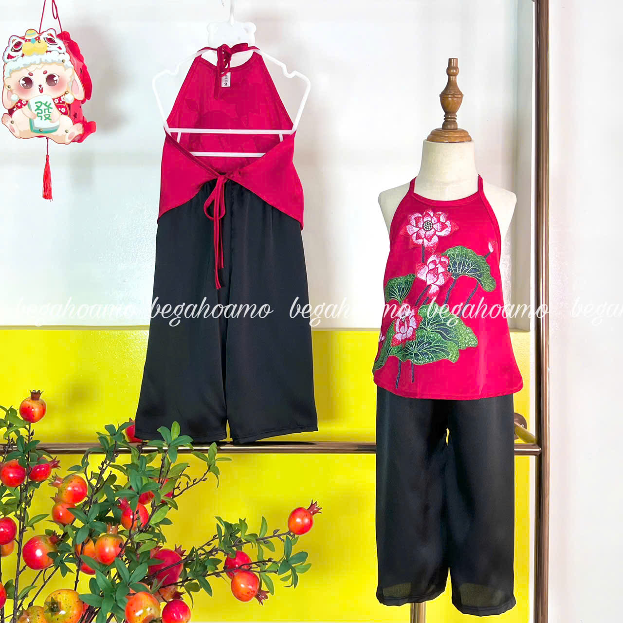 Set bộ yếm đỏ hoa sen