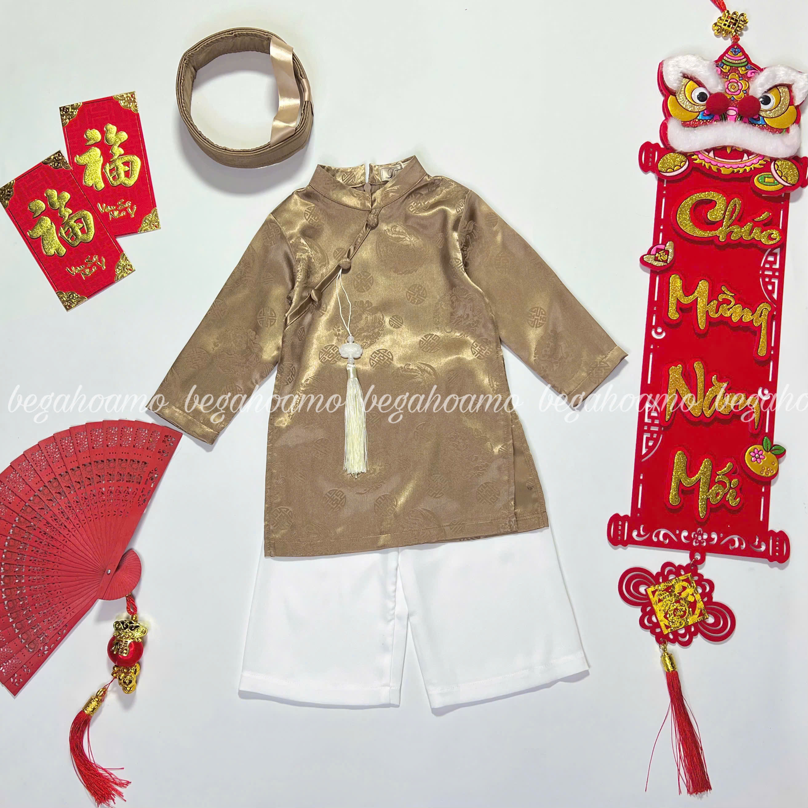 Set áo dài lụa bé trai kèm mấn tag