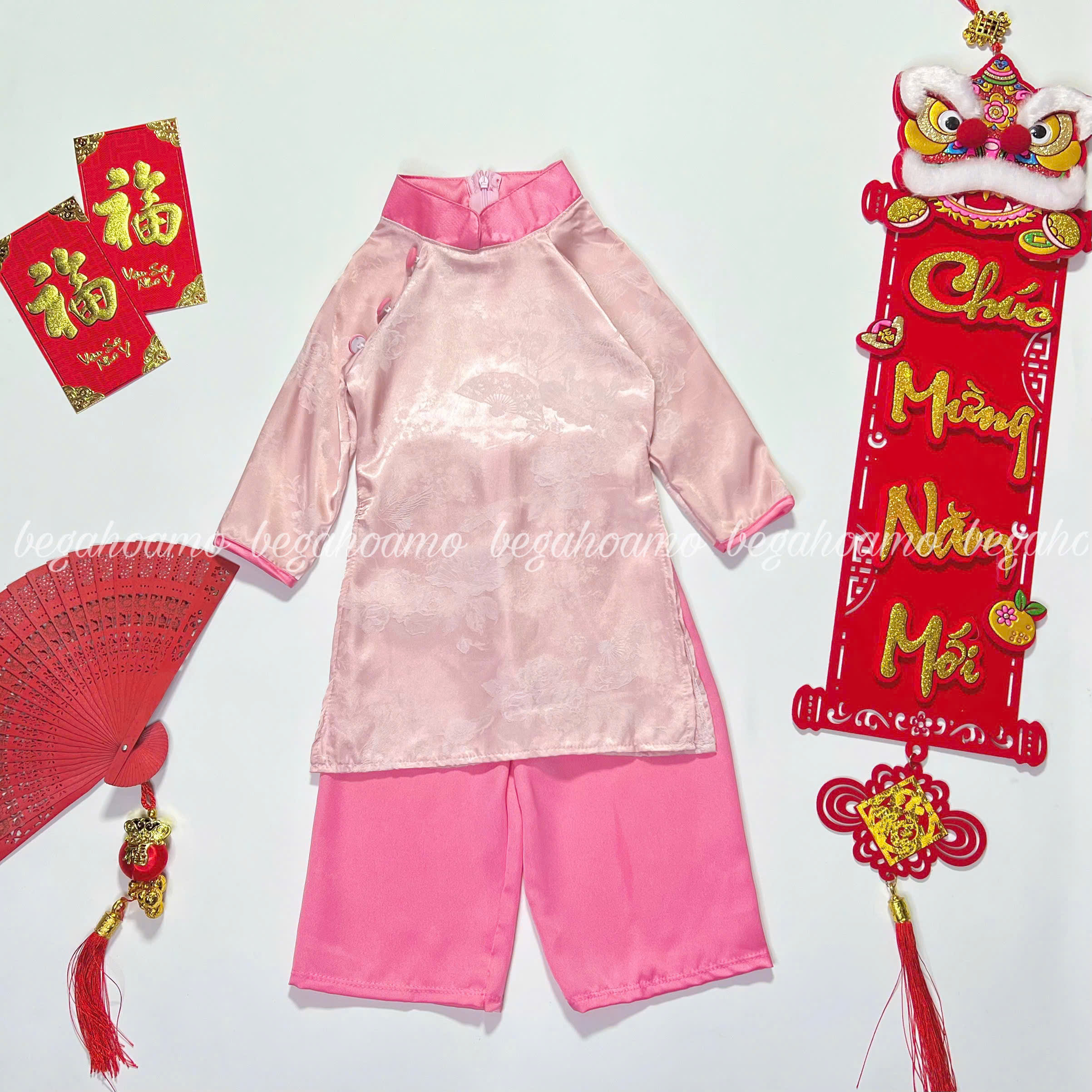 Áo dài lụa hồng phối màu cổ 3 cúc