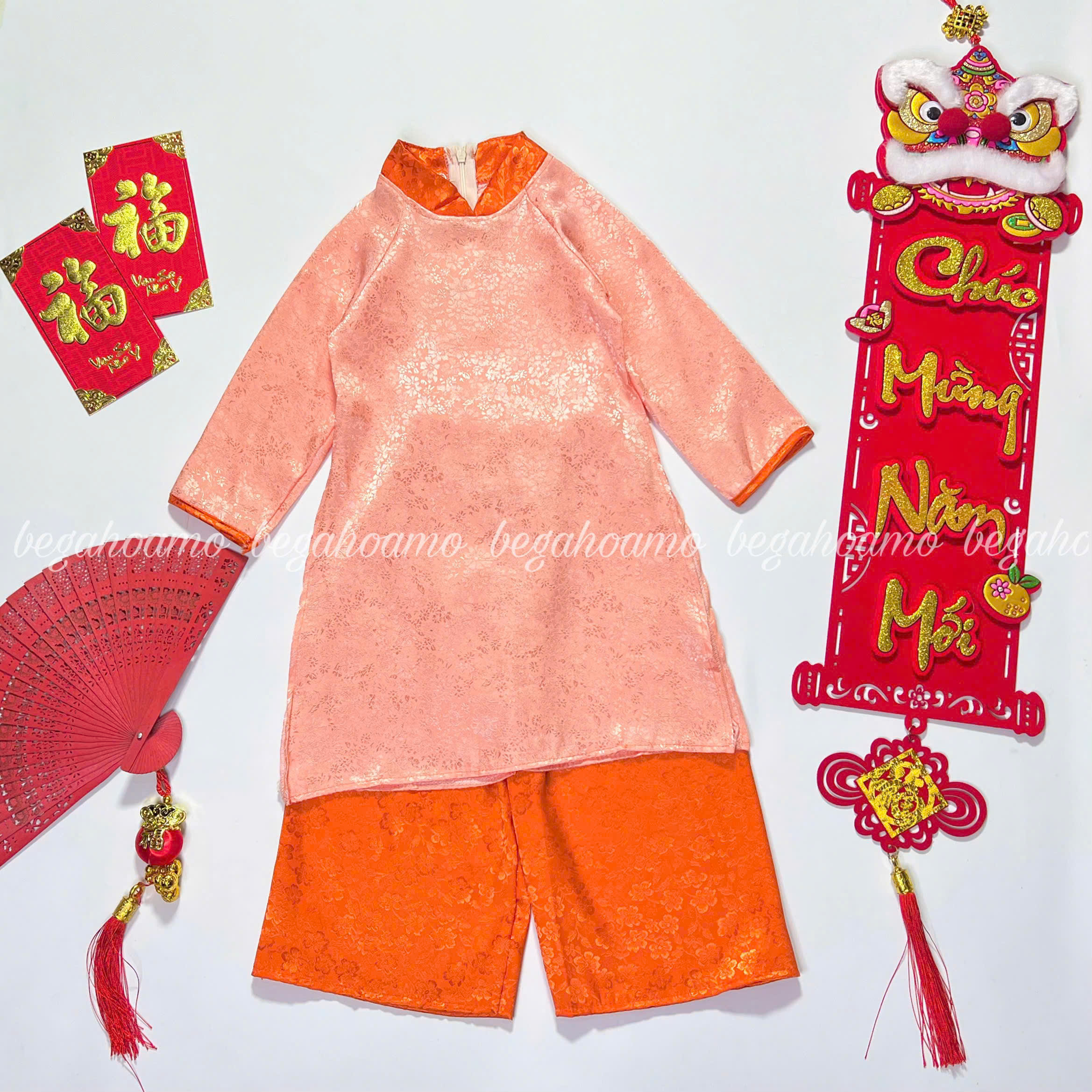 Áo dài lụa cam phối màu cổ